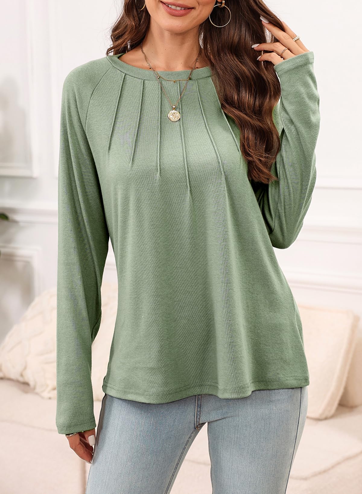 EVALESS Women's Casual Crewneck Long Sleeve T-Shirt - 2025 Trendy Loose Fit Pleated Blouse for Spring Summer | Perfect for Work, Weekend Outfits & Travel