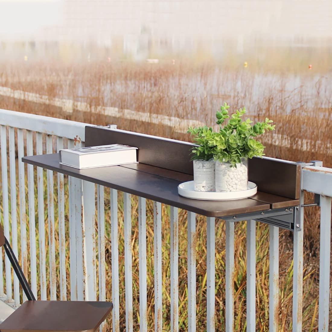Portable Folding Side Table for Outdoor, Balcony & Patio - Adjustable Wall Mounted Hanging Railing Table with Liftable Desk (60x27cm/23.6x10.6in) - Perfect for Coffee, Gardening & Small Space Living