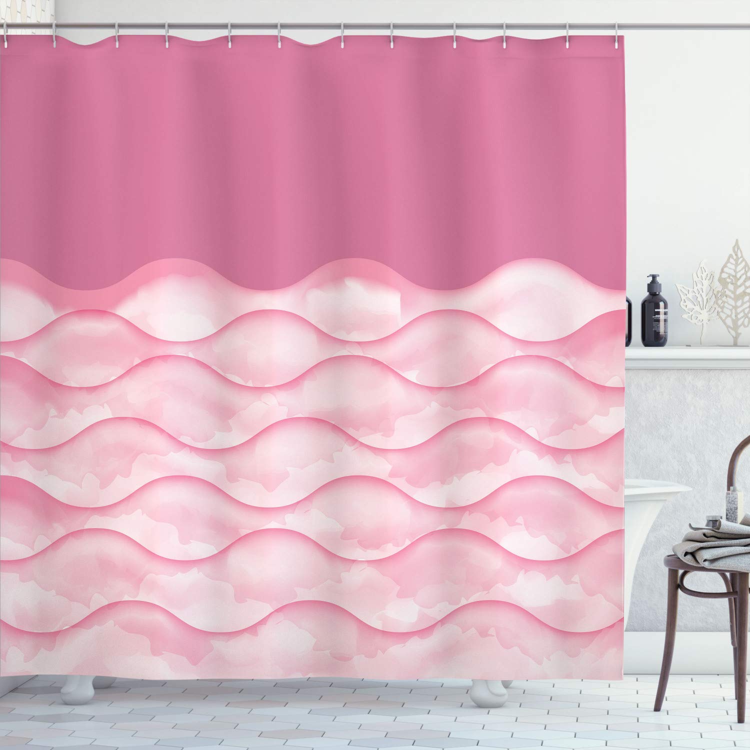 Ambesonne Ocean Themed Shower Curtain - Water Waves Design with Pink Rose Accents, 70