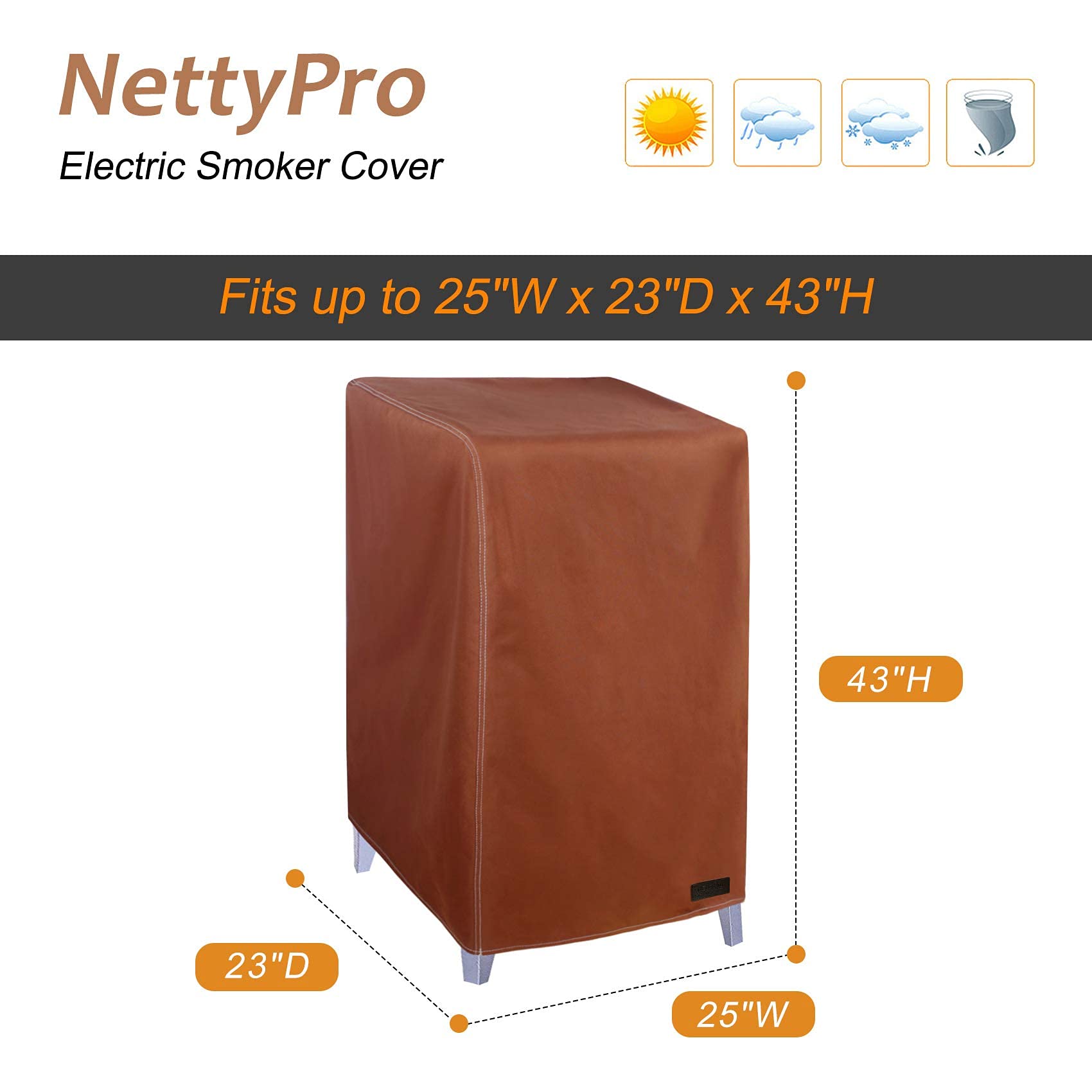 NettyPro 40 Inch Waterproof Electric Smoker Cover - Heavy Duty Outdoor Protection for Masterbuilt Electric Smokers & Square Vertical Grill Smokers (Brown) | Perfect for Backyard BBQs, Camping & Outdoor Cooking