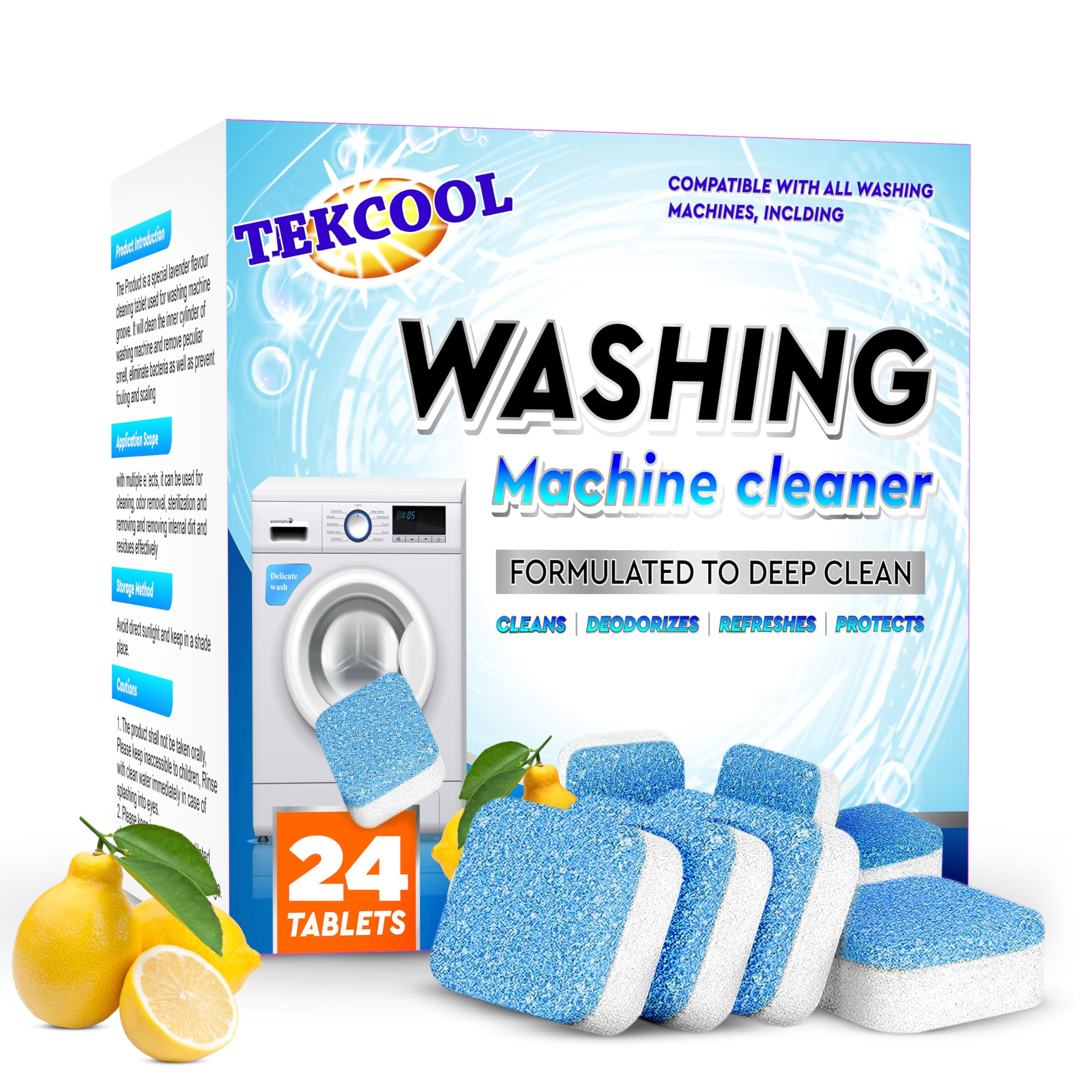 TEKCOOL Washing Machine Cleaner Tablets - 24 Pack Descaling Powder for Front & Top Load Washers, Deep Clean & Deodorize - Refresh Blue | Ideal for Laundry Maintenance & Odor Removal