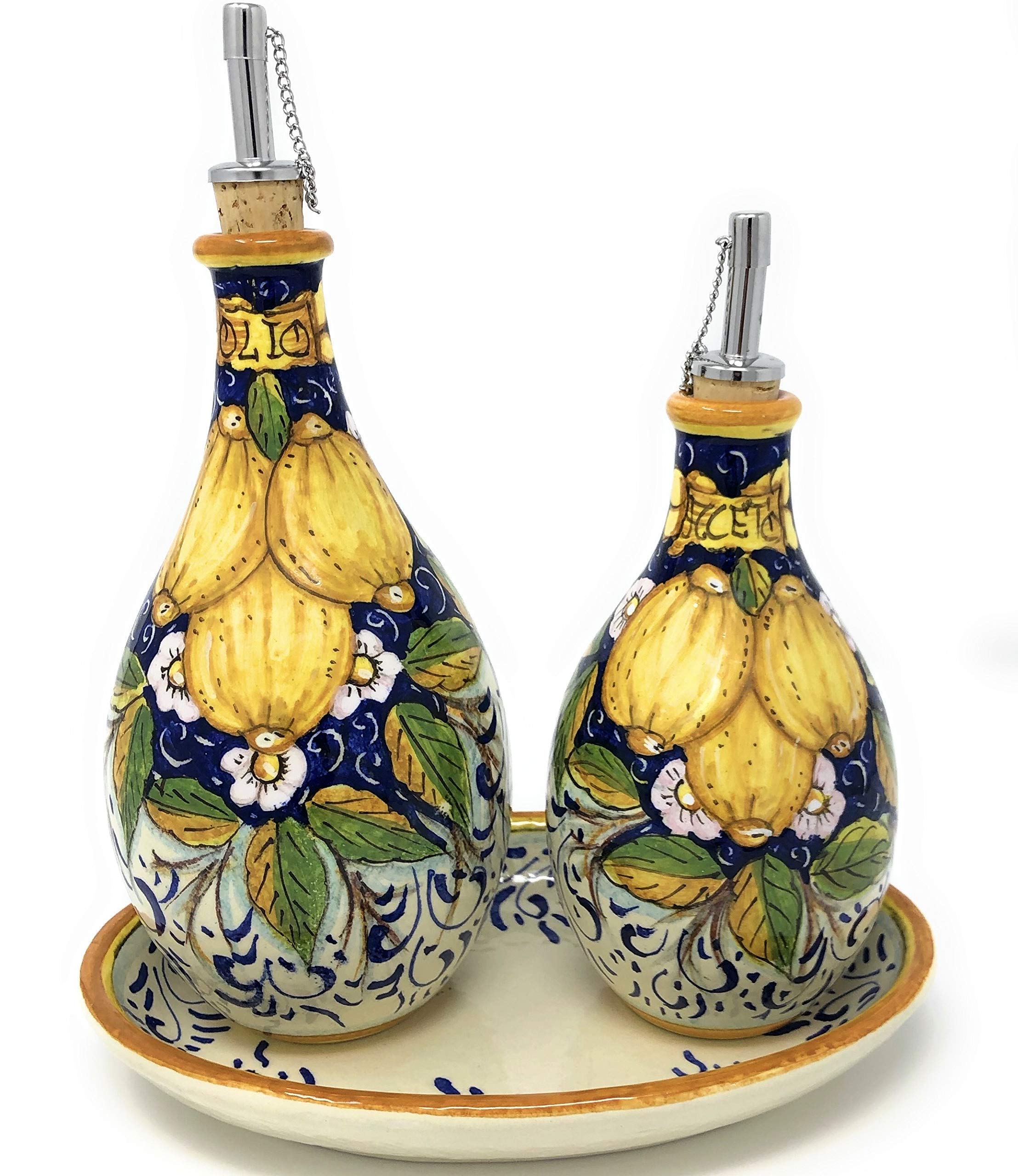 Italian Hand-Painted Ceramic Oil & Vinegar Cruet Set - Tuscan Lemon Decor, Artisanal Pottery from Italy | Perfect for Kitchen, Dining Table & Gift Giving
