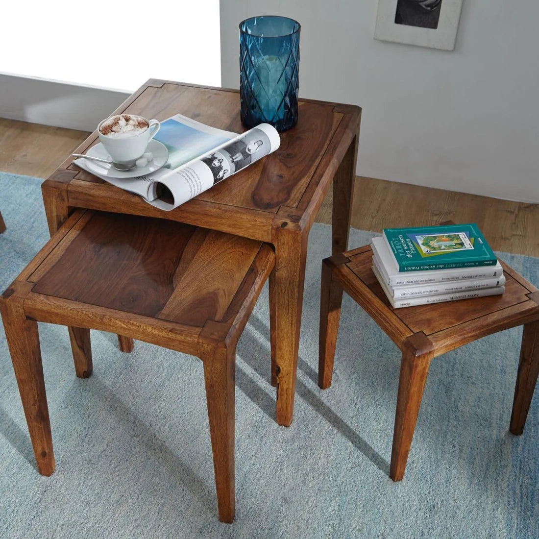 Premium Solid Sheesham Wood Nesting Tables Set of 3 - Space-Saving Side Tables for Living Room, Bedroom, or Office - Modern Home Decor Accent Furniture