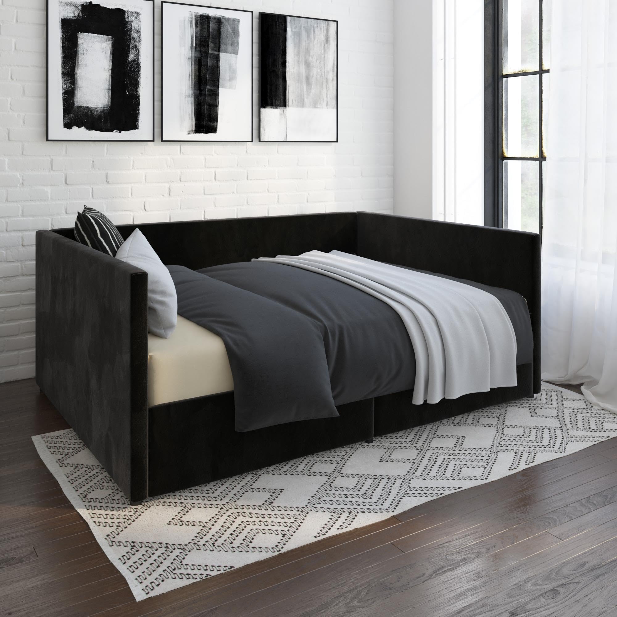 DHP Theo Full Size Daybed with Storage Drawers - Black Velvet Upholstered Sleeper Sofa for Guest Room, Dorm & Small Space Living