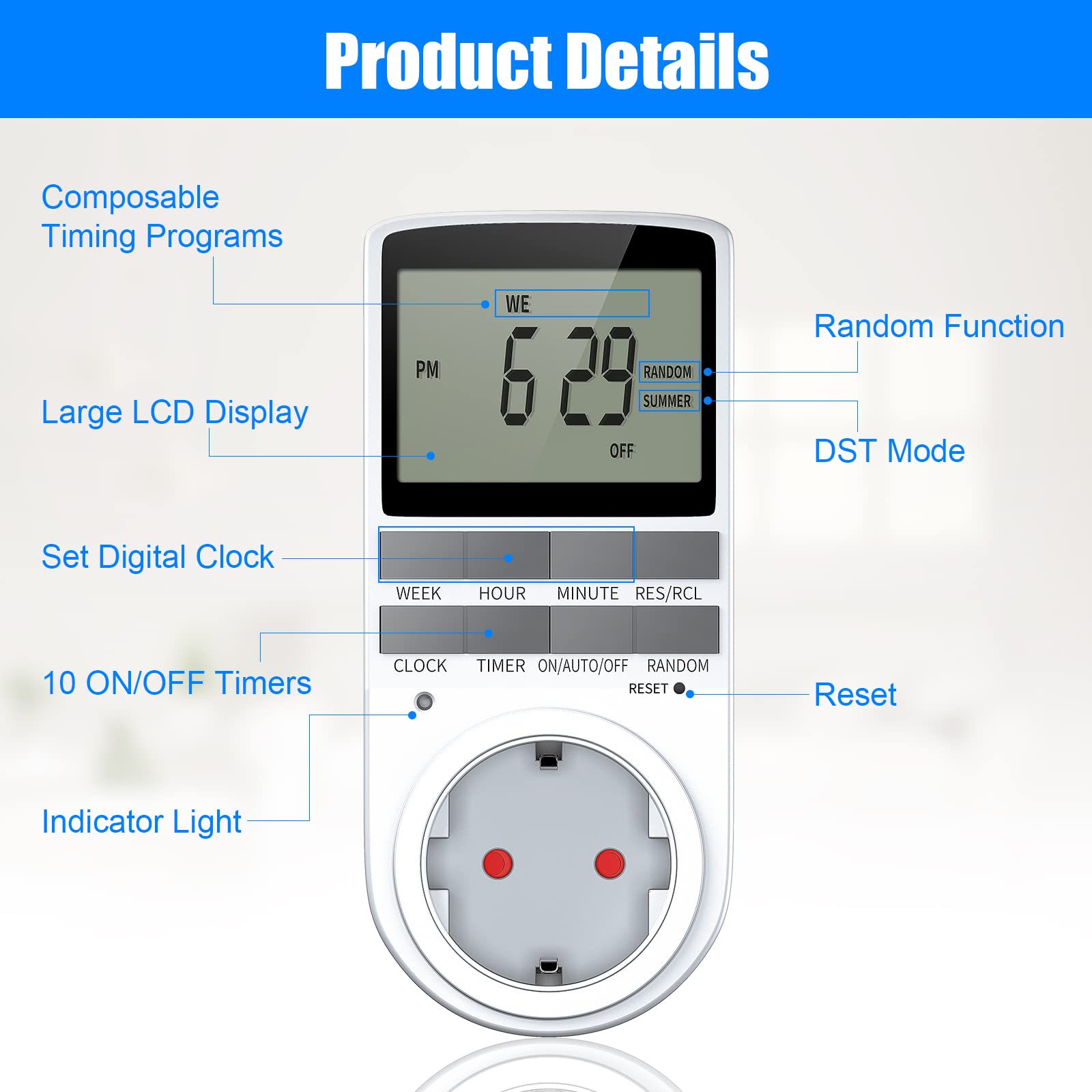 Programmable Digital Timer Outlet with Large LCD Display, Random Anti-Theft Mode, Energy Saving Power Socket for Home Appliances (16A/3680W) - Perfect for Lighting, Aquariums, and Holiday Decorations