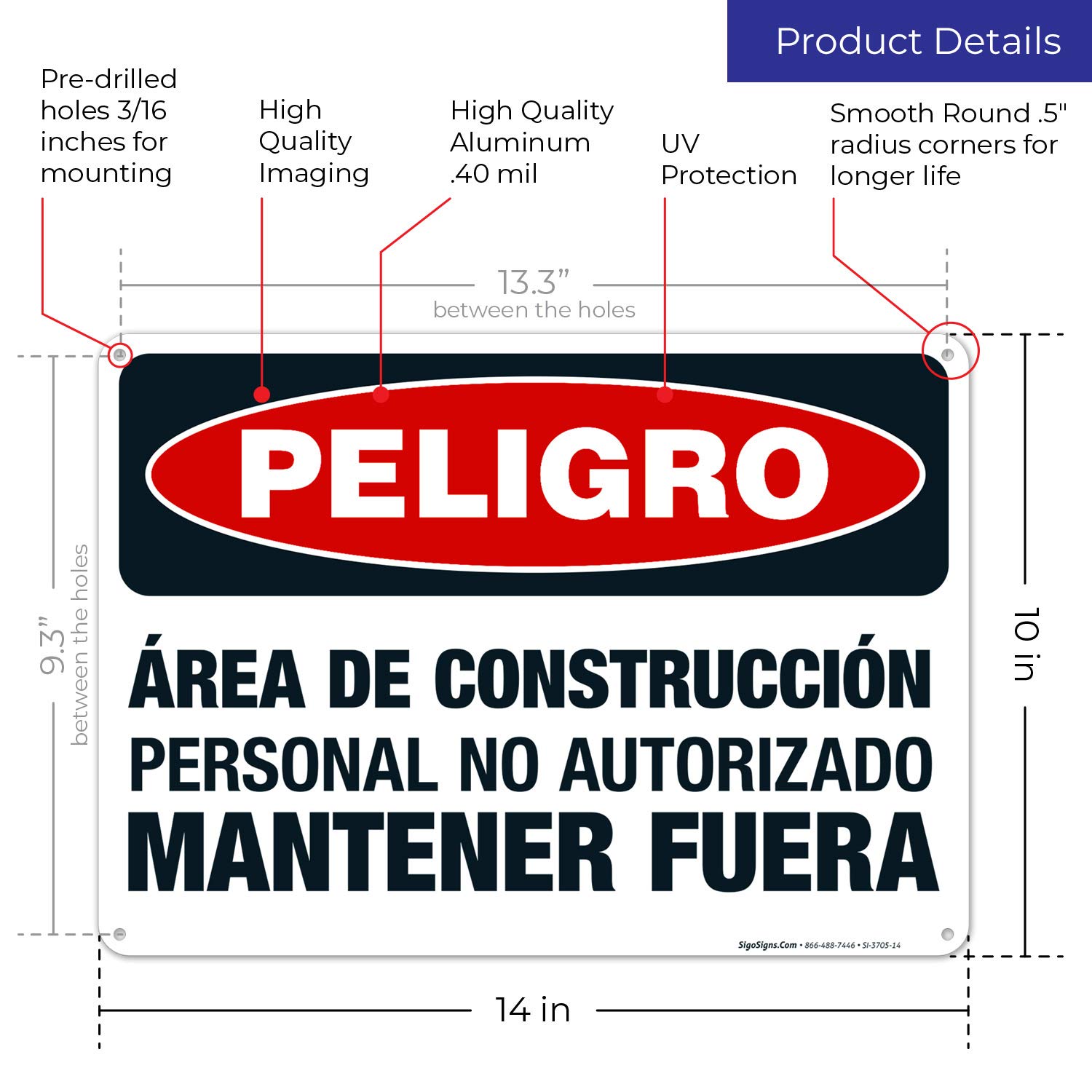OSHA Danger Sign - Construction Area Unauthorized Personnel Keep Out Bilingual Sign (English/Spanish) | 10x14 Inch Rust-Free .040 Aluminum | Fade-Resistant for Indoor & Outdoor Use | Made in USA | Ideal for Construction Sites, Warehouses & Restricted Areas