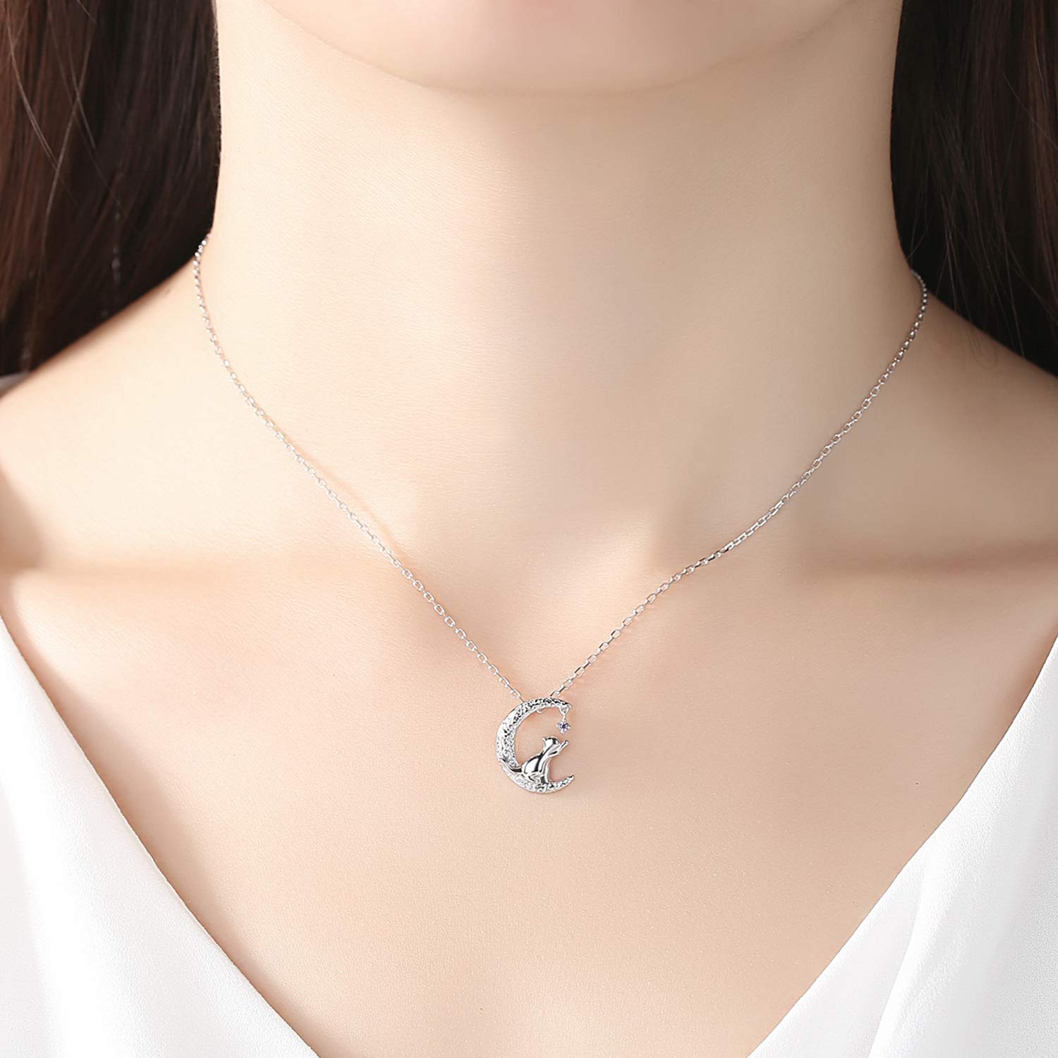 VIKI LYNN Sterling Silver Cat Moon Necklace - Elegant Cat Lover Jewelry for Women | Perfect Gift for Cat Owners & Moon Lovers