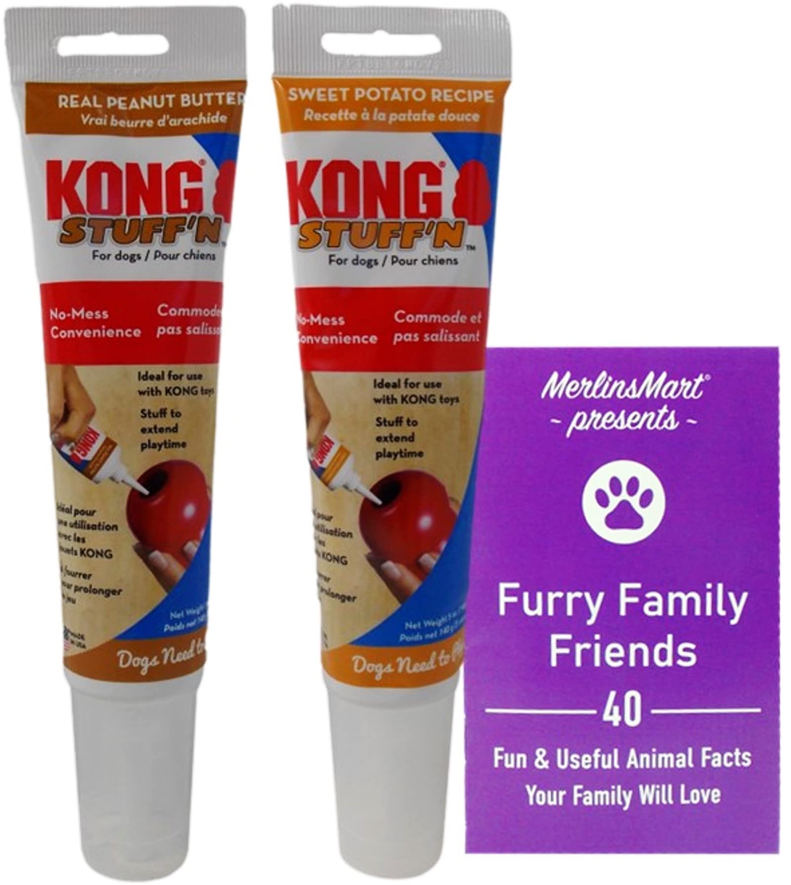 Kong Stuff'N Dog Toy Fill Tubes - 2 Flavor Variety Pack (Peanut Butter & Sweet Potato, 5oz Each) with Free Animal Facts Booklet - Interactive Chew Toy for Dogs, Perfect for Training, Boredom Relief & Dental Health