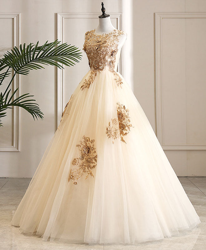 Elegant Champagne Tulle Lace Long Prom Dress for Evening Gala - Perfect for Homecoming, Prom Night, and Formal Events