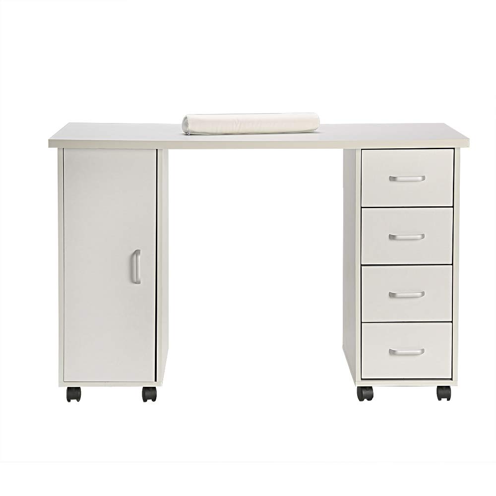 Professional Rolling Nail Table with Drawers & Wrist Rest - White Manicure Station for Spa & Salon | Portable Beauty Desk for Nail Art, Pedicures & Mobile Services