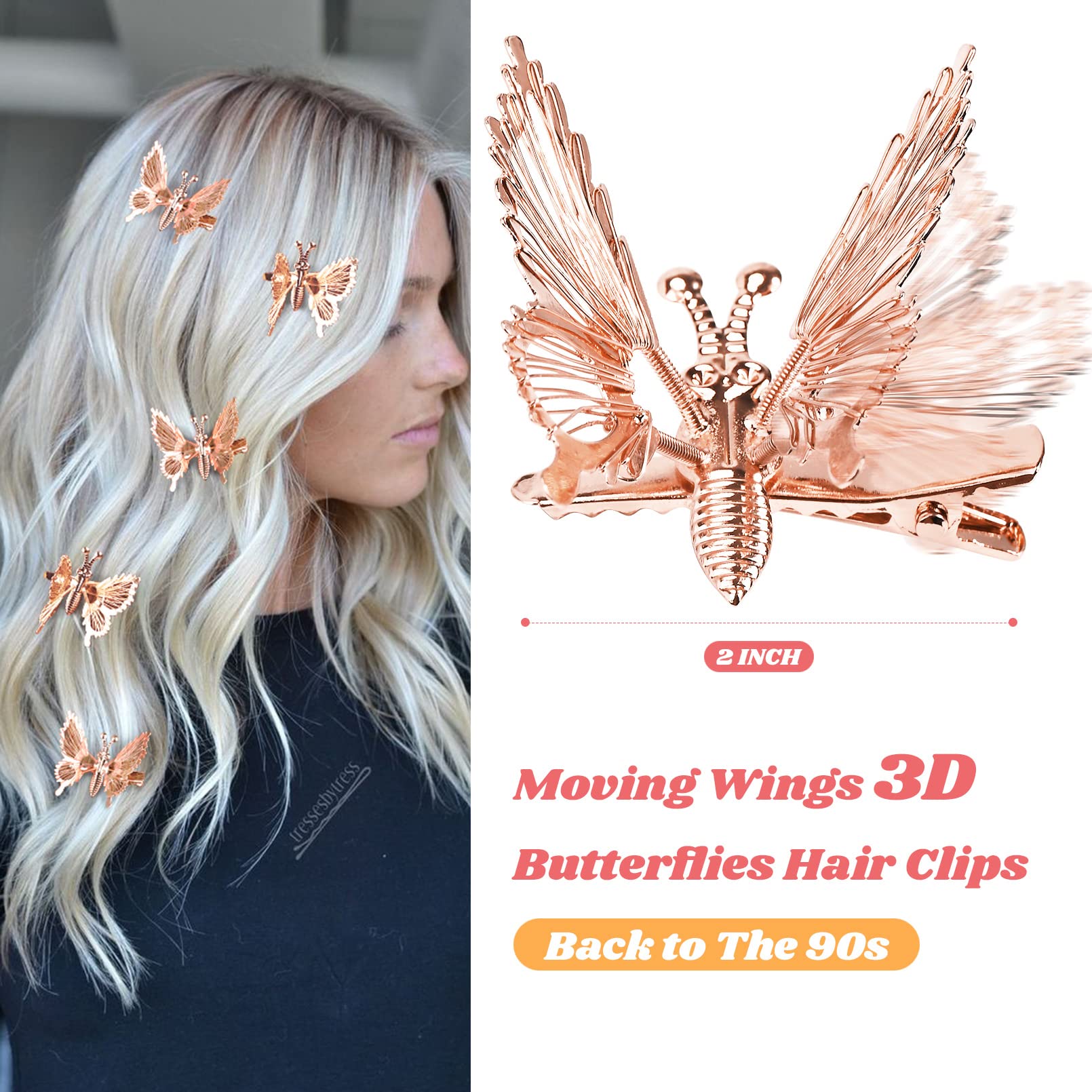 DEEKA 12 PCS 3D Metal Gold Butterfly Hair Clips with Moving Wings - Vintage 90s Hair Barrettes for Women and Girls (Rose Gold) - Perfect for Parties, Weddings, and Everyday Styling
