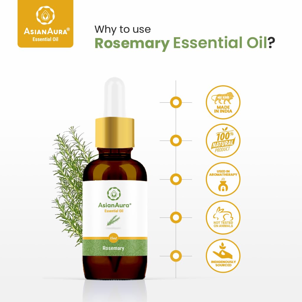 Pure Rosemary Essential Oil - 100% Natural, Undiluted & Steam Distilled for Aromatherapy, Skin & Hair Care | Therapeutic Grade 15ml Essential Oil for Diffusers, Yoga, Meditation, Spa & Home Fragrance | Perfect for Relaxation, Stress Relief & Mood Enhancement
