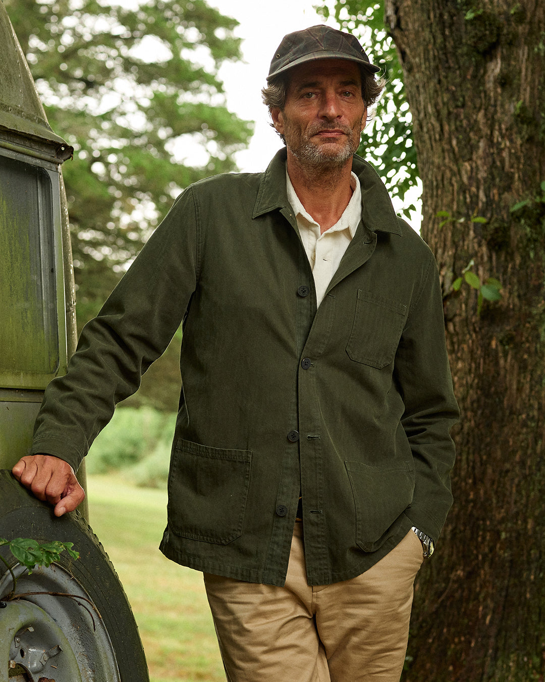 French Workman’s Jacket - Vintage Style Herringbone Twill Coat in Parks Department Green | Durable Workwear for Outdoor Jobs & Casual Style