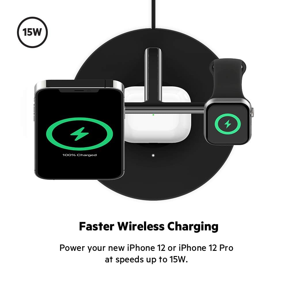 Belkin BoostCharge PRO 3-in-1 Wireless Charger with MagSafe for iPhone 15/14/13/12 & Apple Watch & AirPods - Fast 15W Magnetic Charging Station for Home, Office & Travel