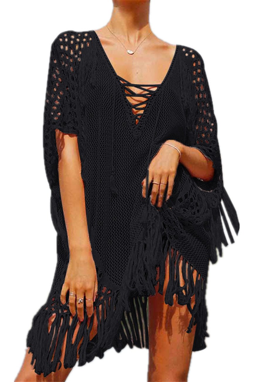 Women's Lightweight Hollow Knit Tunic Crochet Top Beach Cover-Up Poncho Summer Dress for Poolside Lounging and Seaside Strolls