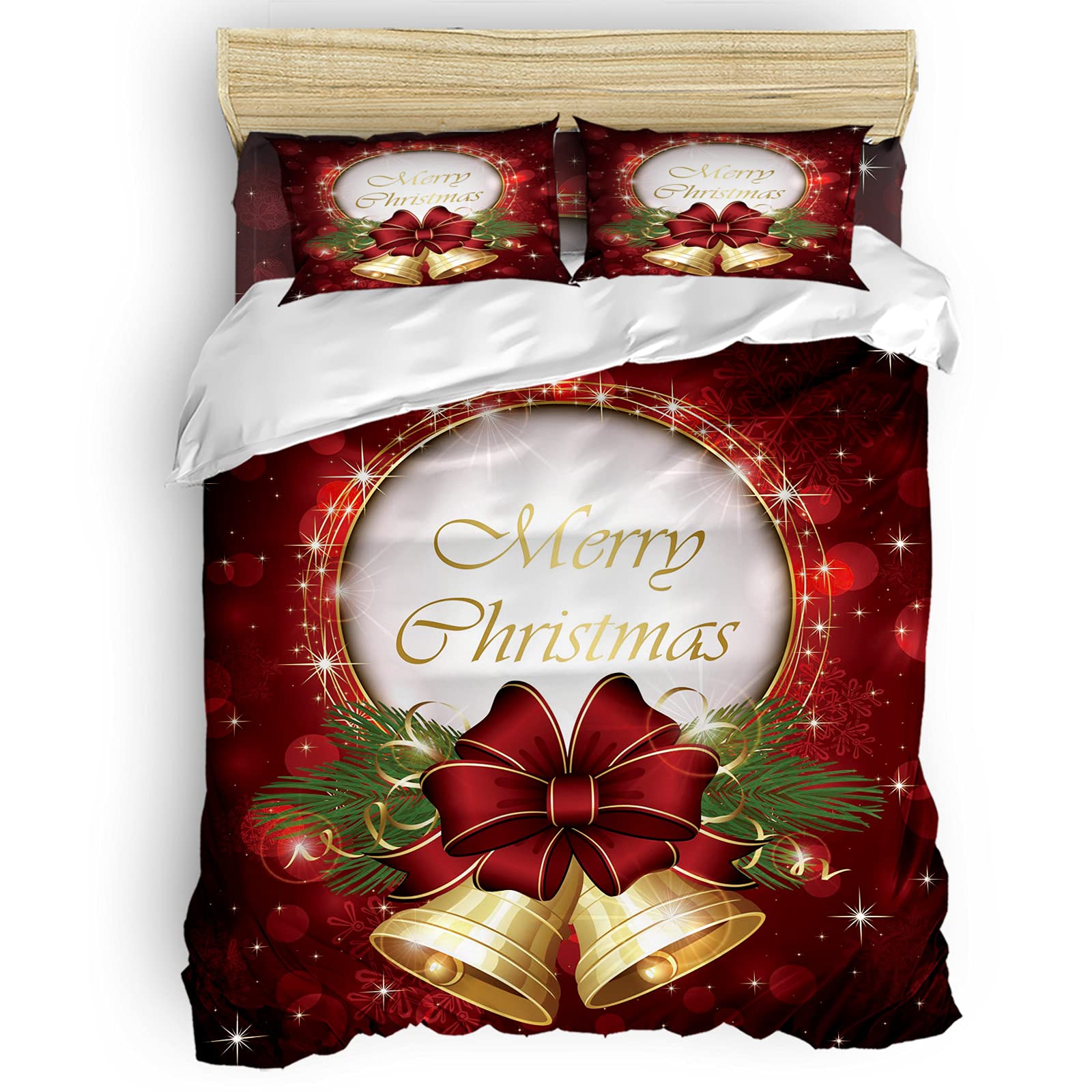 Luxury 4-Piece Christmas Bedding Set Queen Size - Festive Red Bells & Starlight Design Duvet Cover, Comforter, Sheet & Pillow Shams for Teens & Adults - Perfect for Holiday Decor, Gift Giving & Cozy Winter Nights