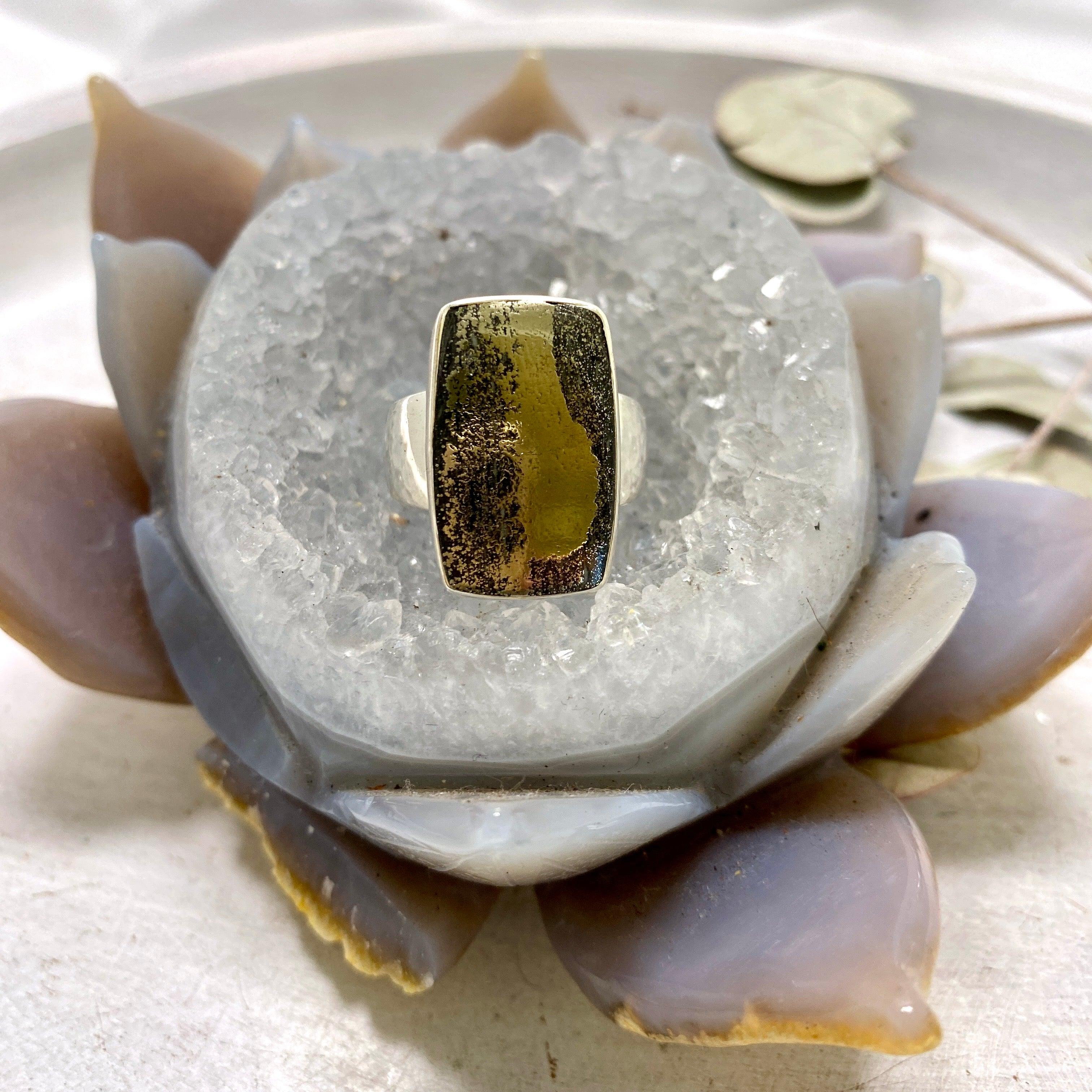 Healer's Gold (Pyrite in Magnetite) Rectangular Ring - Size 9 - KRGJ2401 - Perfect for Spiritual Healing, Energy Work & Boho Fashion Jewelry