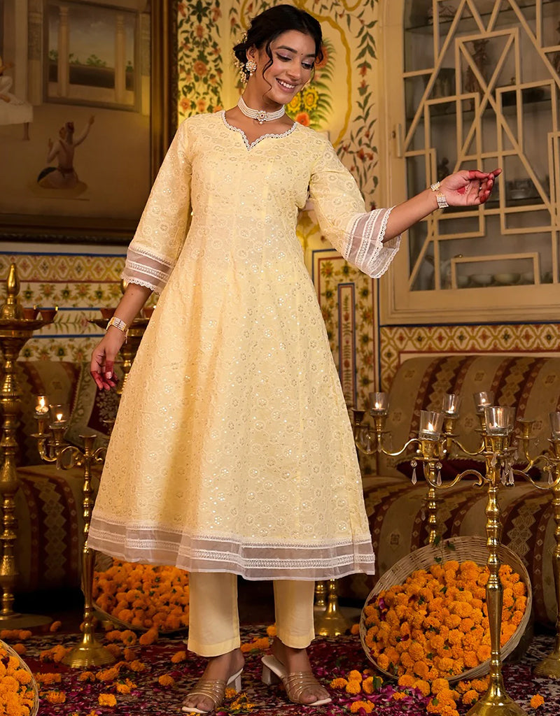 Anarkali Kurta Trouser With Dupatta Set - Yellow Pure Cotton Pant Suit for Women | Traditional Indian Ethnic Wear for Festivals, Weddings & Special Occasions