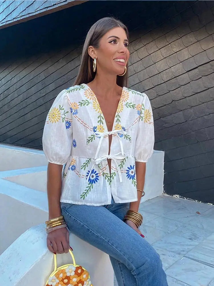 Elegant Floral Print Short Puff Sleeve Blouse for Women - Loose Fit V-Neck Lace-Up Ruffled Top | Spring Summer Fashion Streetwear | Perfect for Casual Outings, Date Nights & Office Wear