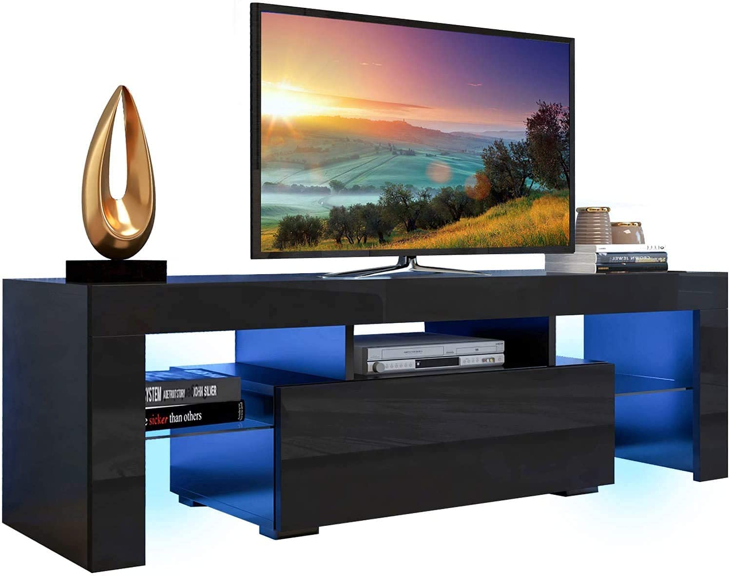 55 Inch TV Stand with LED Lights & Storage - Modern Entertainment Center with 20 Color Effects, Open Shelves & Cabinet - Perfect for Living Room, Home Theater & Gaming Setup