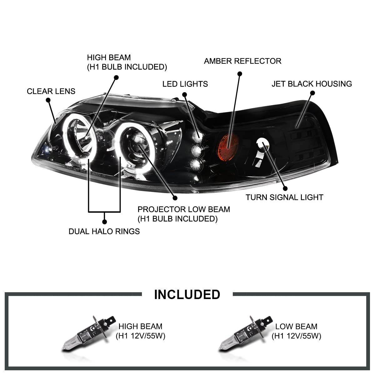 Spec-D Tuning Jet Black LED Dual Halo Projector Headlights for 1999-2004 Ford Mustang - Left & Right Pair Headlamp Assembly - Upgrade Your Ride with Enhanced Night Visibility & Style
