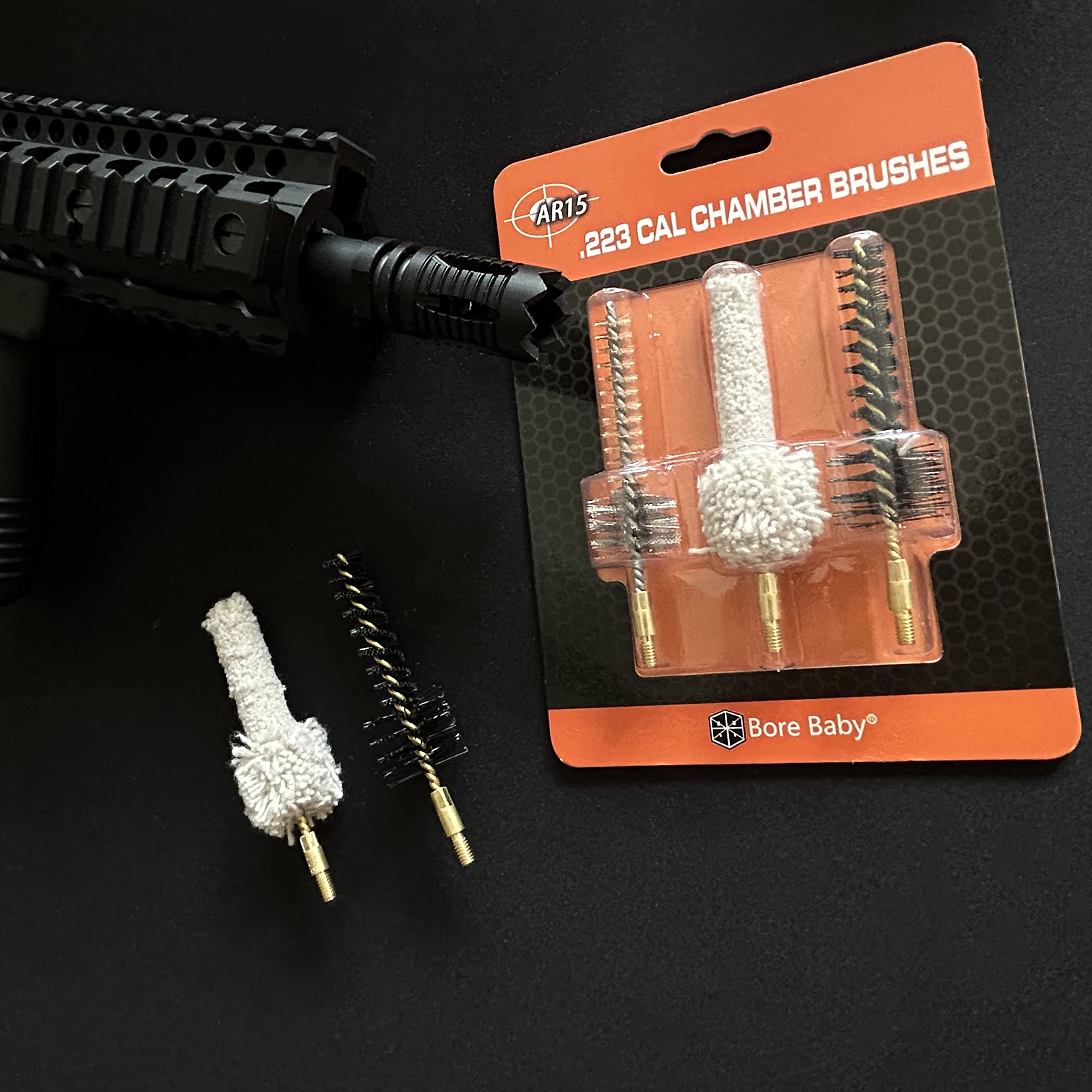 Bore Baby .223 Cal 5.56mm AR Chamber Cleaning Brushes Kit - 2 Nylon, 2 Mop & 2 Bronze Brushes for .223/5.56 Firearm Maintenance (6 Pack) - Perfect for AR-15 Rifle Cleaning and Gun Range Maintenance