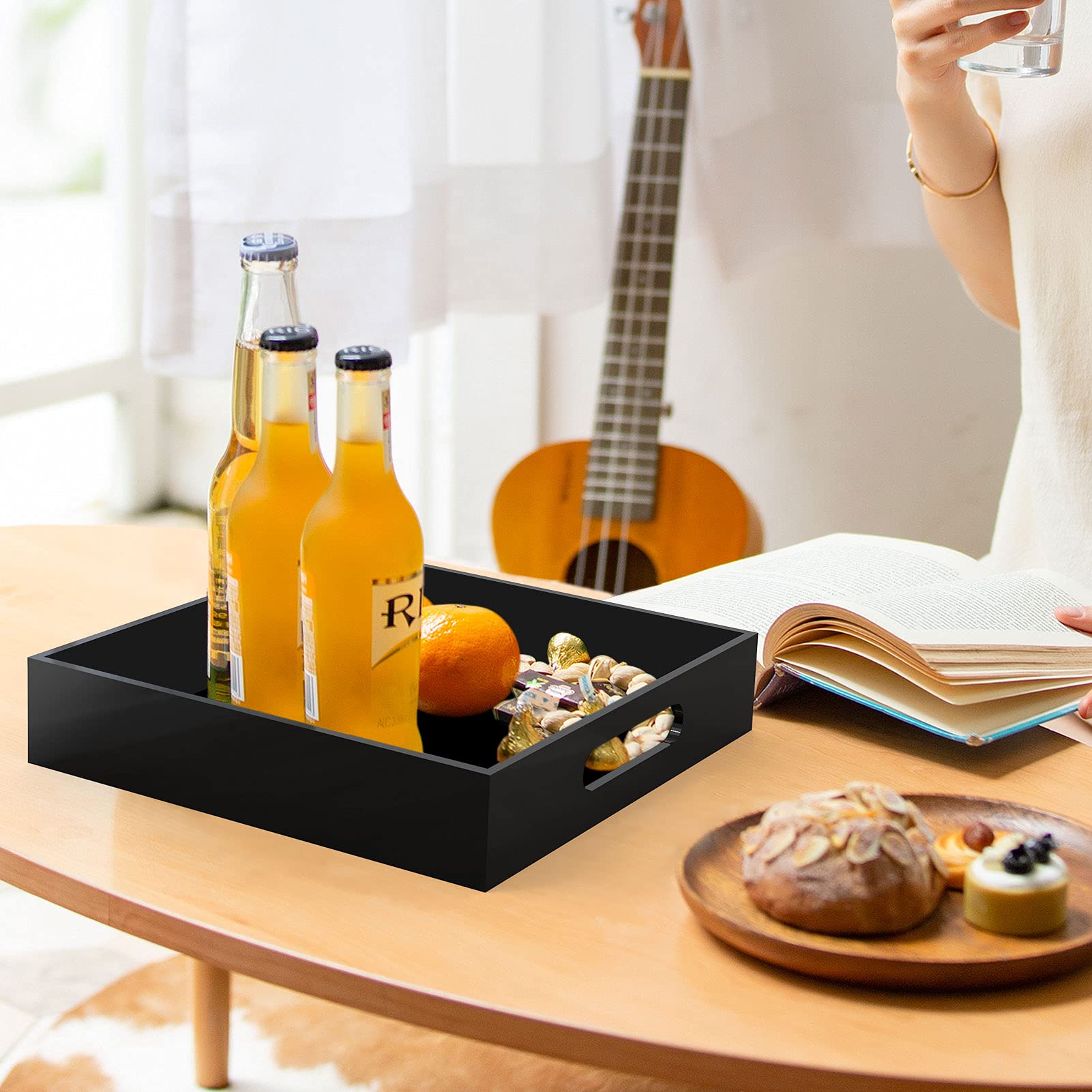 10x10 Inch Elegant Acrylic Serving Tray with Handles - Stylish Home Decor Coffee Table Tray for Breakfast, Makeup Organization & Bathroom Vanity | Perfect for Dining, Ottoman Decor & Drawer Organizer - Black