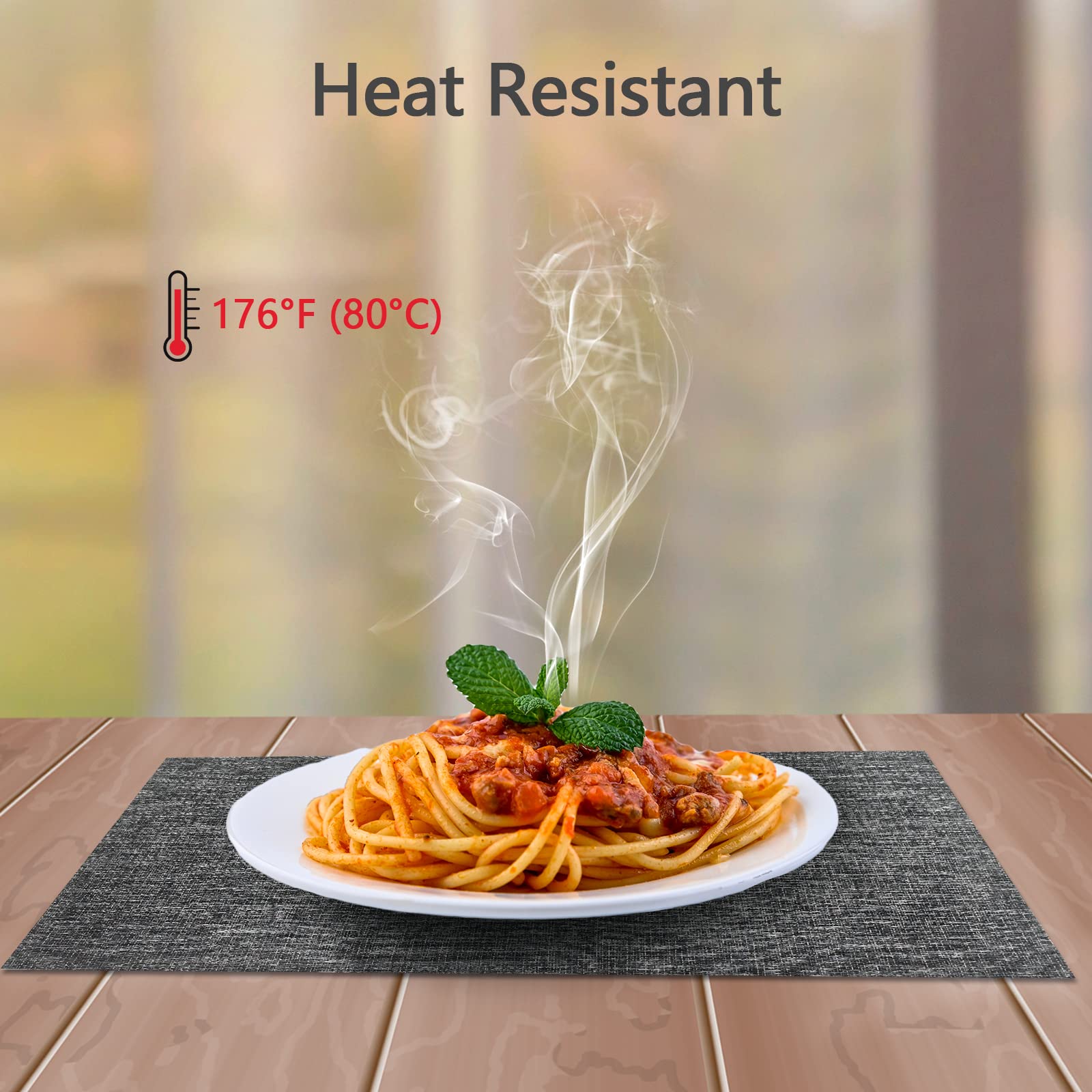 4-Pack Woven Vinyl Placemats for Dining Table - Waterproof & Washable Indoor/Outdoor Placemat Set (Dark Grey) - Perfect for Patio, Kitchen, and Restaurant Use