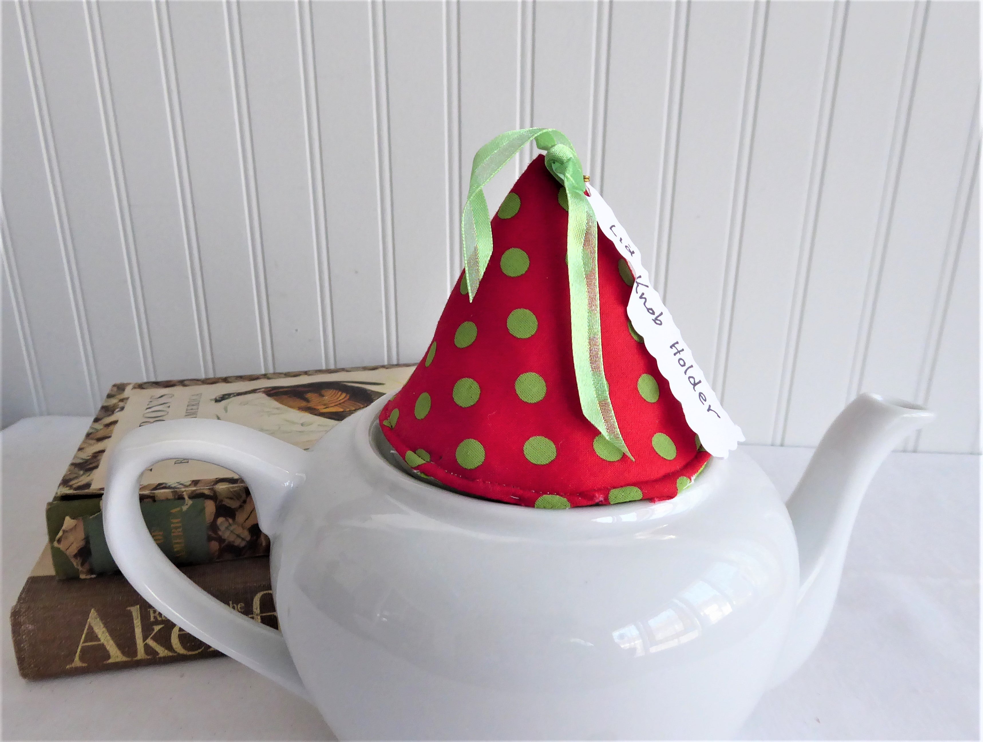 Red and Green Polka Dot Teapot Knob Holder - Padded with White and Green Polka Dots Inside - Perfect for Hot Teapots, Kettles, and Kitchen Safety Accessories