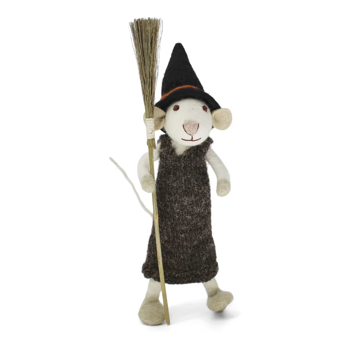 White Halloween Mouse with Broom Figurine - Medium Size Fall Decor for Home, Office & Halloween Party Decoration