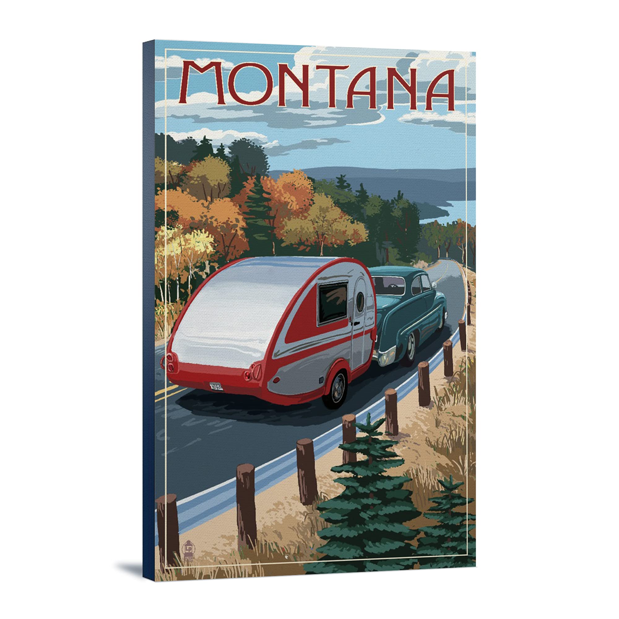 Retro Camper on Road Wall Art - 16x24 Wrapped Canvas Print - Montana Landscape Decor for Living Room, Bedroom & Office
