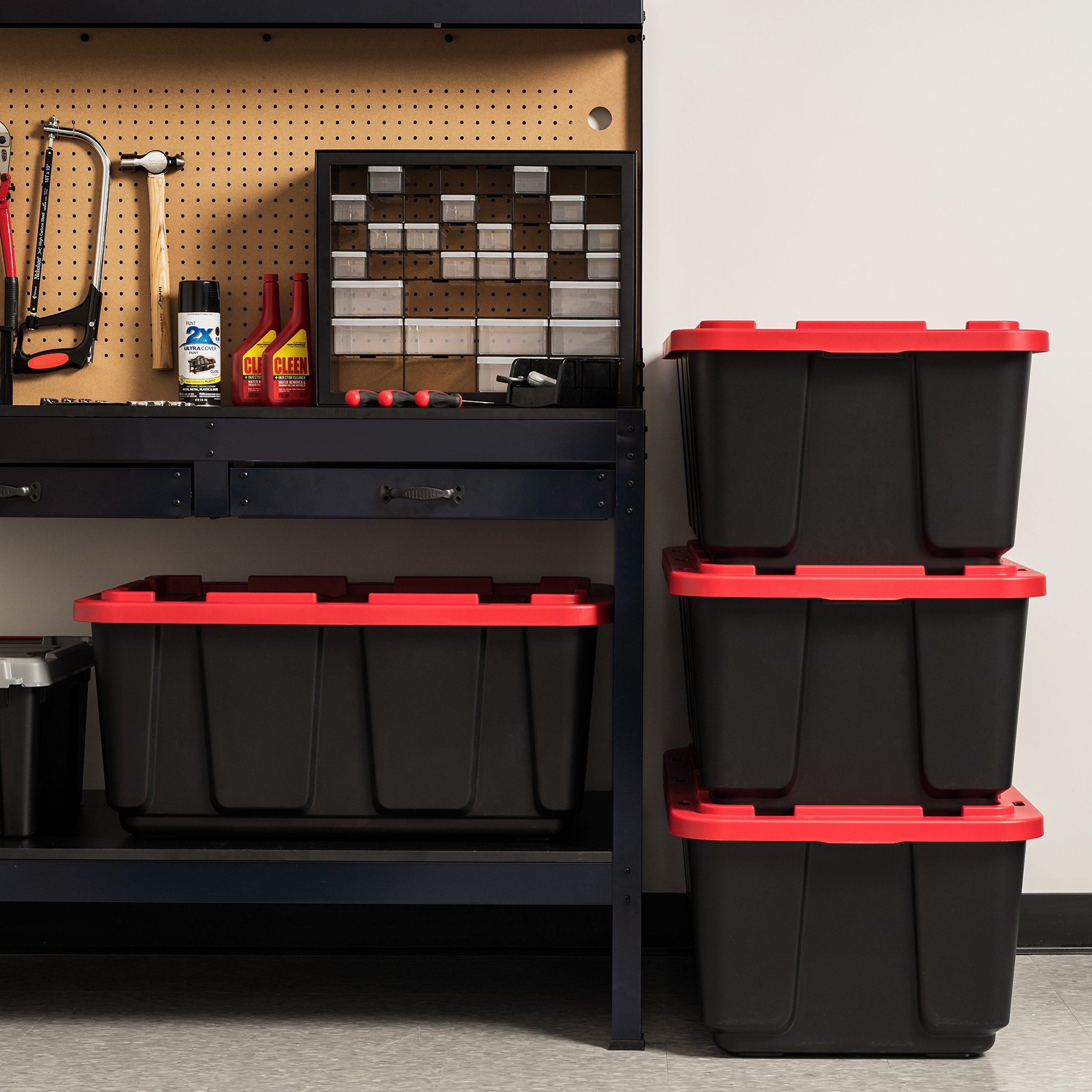 IRIS USA 27 Gallon Heavy Duty Truck Bed Toolbox Storage Tote Bins with Lids, 4 Pack - Durable Stackable Industrial Containers for Garage Organization, Workshop & Outdoor Use - Made in USA - Black/Red