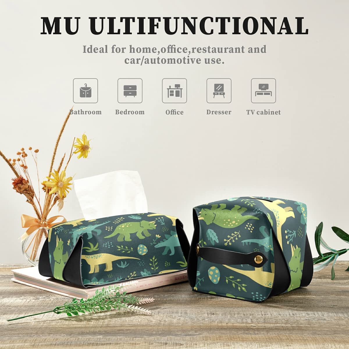 Stylish Green Dinosaur Tissue Box Cover - PU Leather Rectangle Tissue Dispenser with Hanging Loop for Countertops & Nightstands | Perfect for Kids' Rooms, Bathrooms & Office Desks