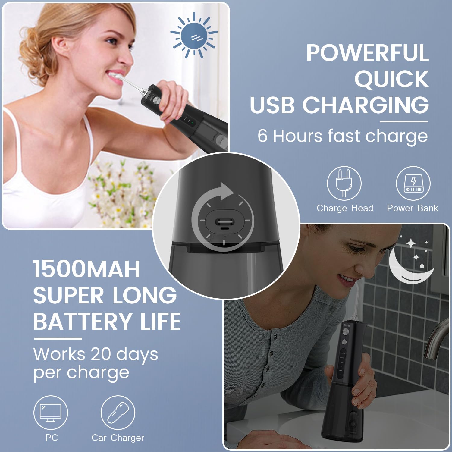AUIEI Cordless Water Flosser for Teeth - Professional Oral Irrigator with 5 Cleaning Modes, 4 Jet Tips & 300ML Tank | USB-C Rechargeable Portable Teeth Cleaner | Perfect for Home Use & Travel (Black) | Ideal for Braces, Gum Care & Dental Hygiene