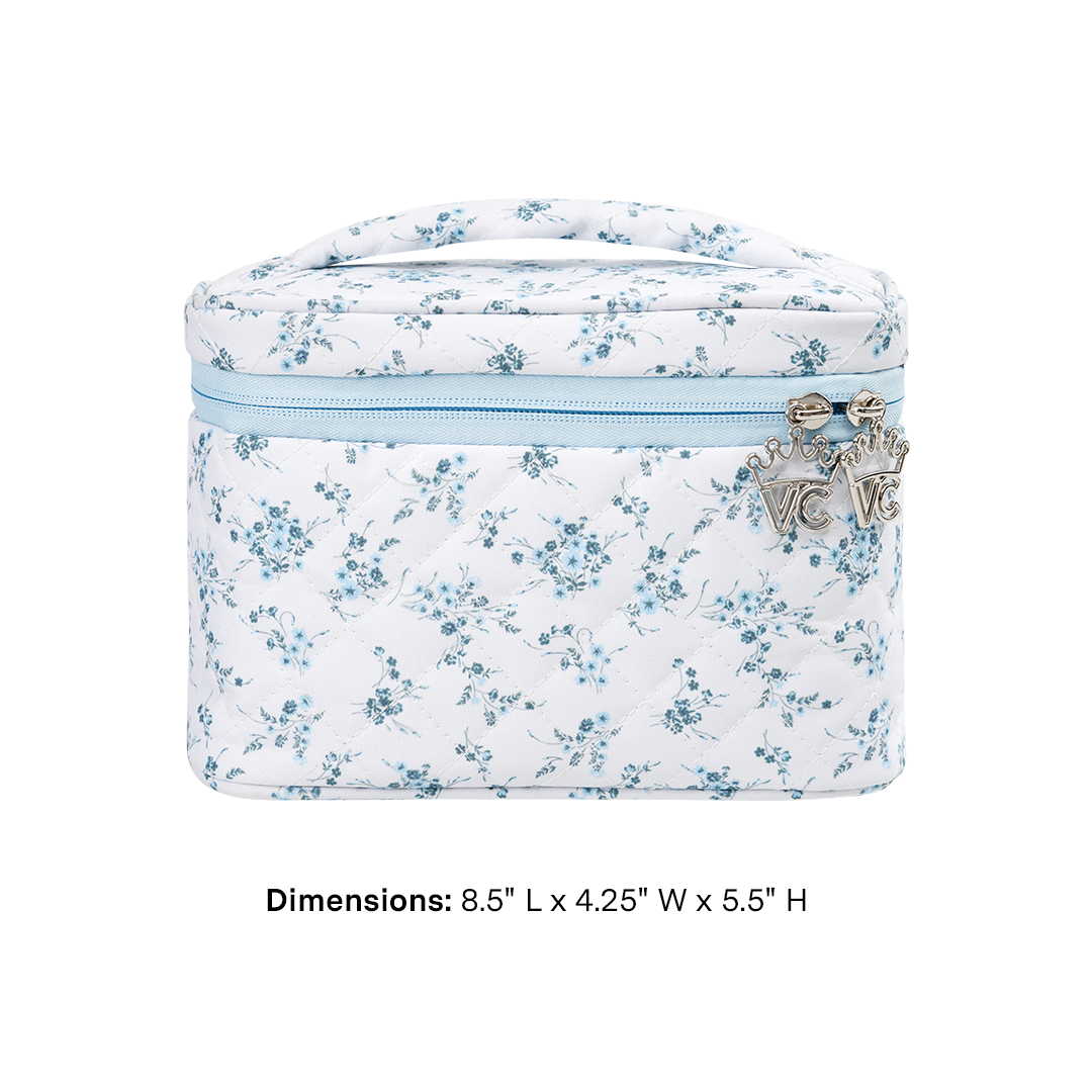 French Blue Floral Vanity Bag for Women - Elegant Cosmetic Makeup Travel Organizer | Perfect for Travel, Gym, and Daily Essentials Storage