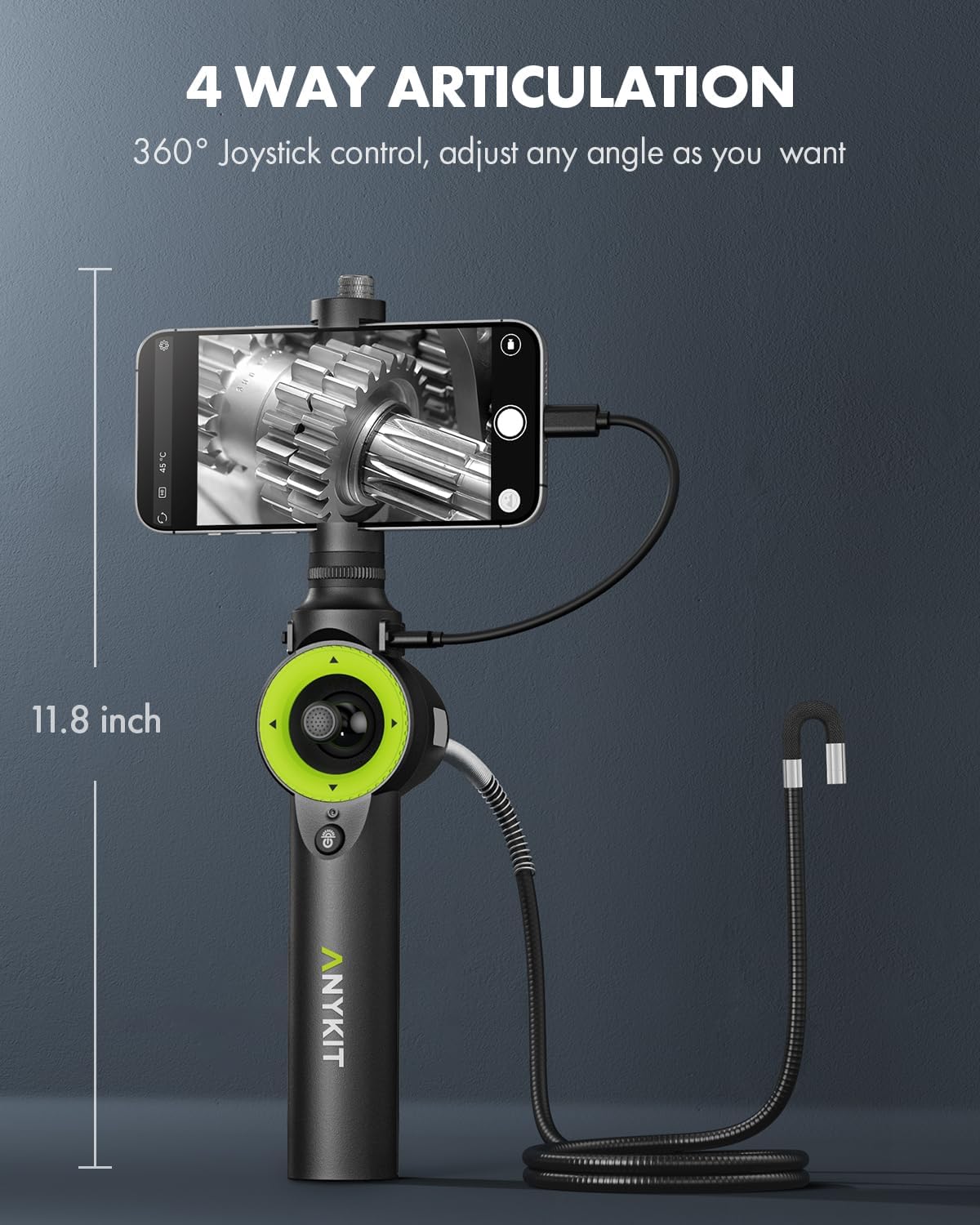 Anykit 360° 4-Way Articulating Borescope - 0.26in Flexible Snake Camera with 6 Adjustable LED Lights | Industrial Endoscope for Phone & Android (3.3ft) | Perfect for Plumbing, HVAC, Auto Repair & Home Inspection