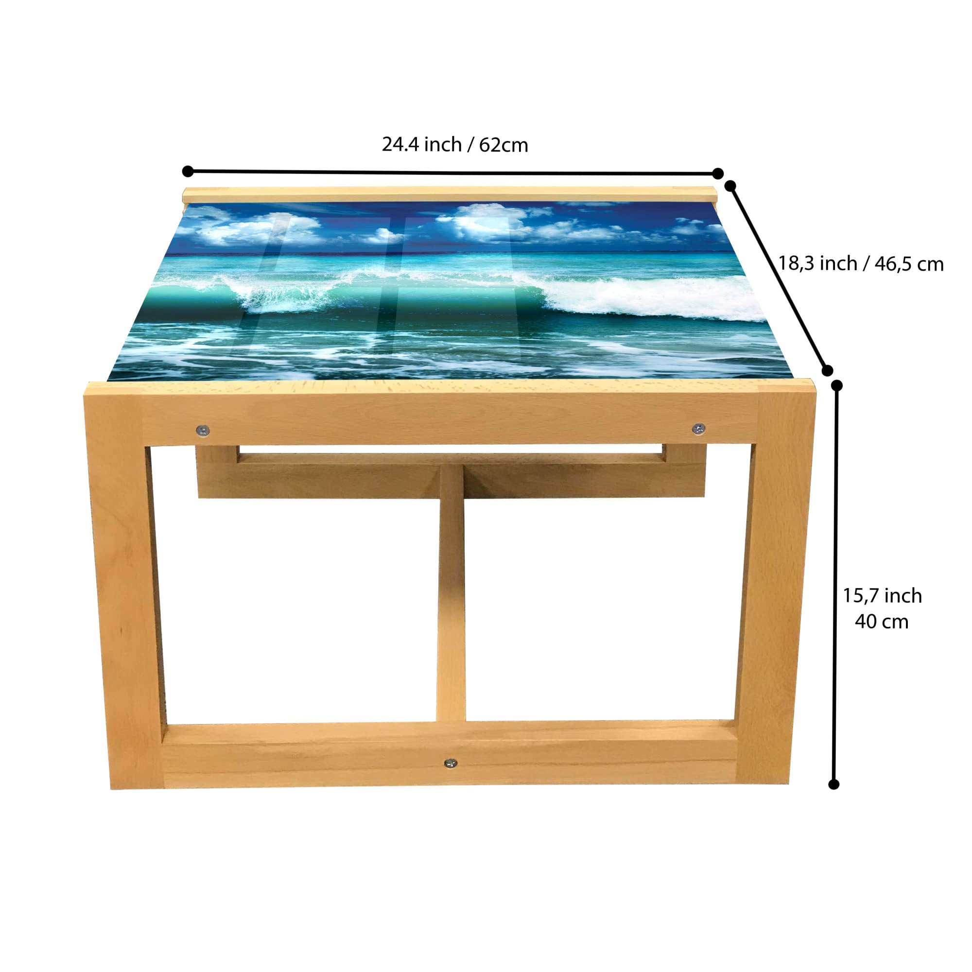 Ambesonne Ocean Themed Coffee Table - Caribbean Island Seascape with Waves & Surfing Design, Acrylic Glass Top with Wooden Frame, Small Size in Aqua Navy Blue & White - Perfect for Offices, Dorms, Living Rooms & Beach House Decor