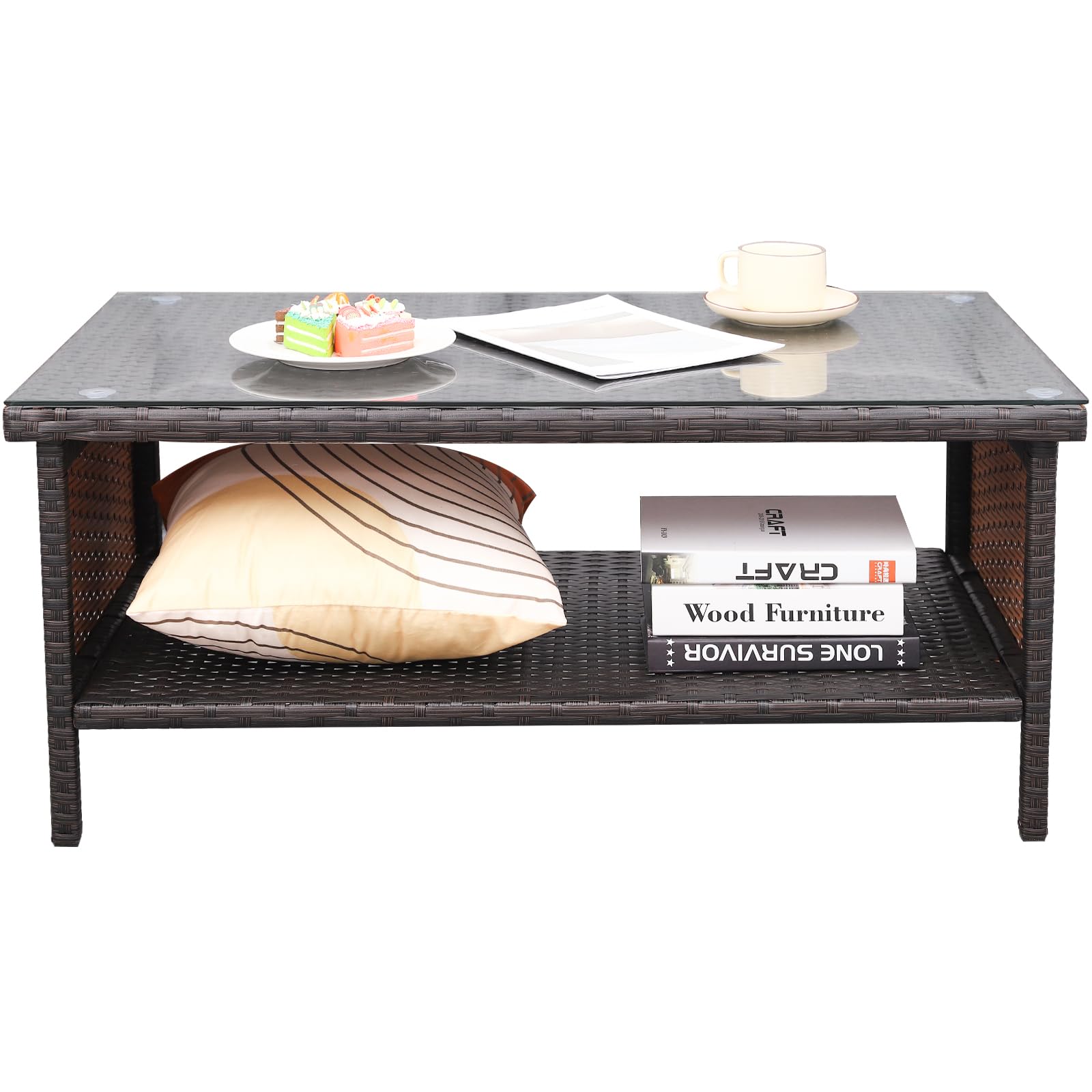 Outdoor PE Wicker Coffee Table with Glass Top - Rattan Patio Garden Side Table for Living Room, Balcony & Backyard - Brown Weather-Resistant Furniture for Tea Time & Relaxation