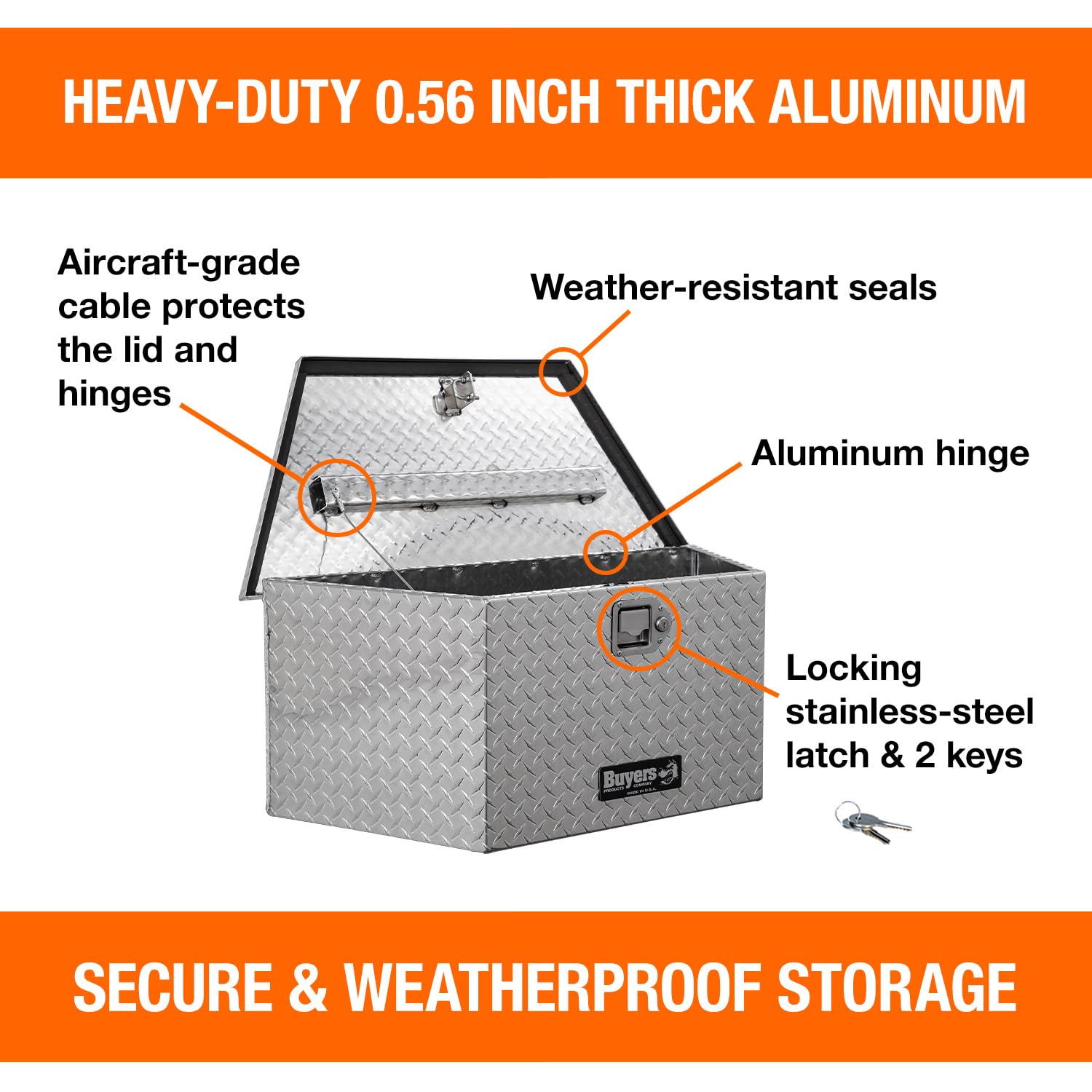 Buyers Products 1701380 Aluminum Trailer Tongue Tool Box - 14 x 14.4 x 35.2 Inch Silver Diamond Tread Storage Box | Made in USA | Durable & Weatherproof for RV, Boat & Utility Trailers