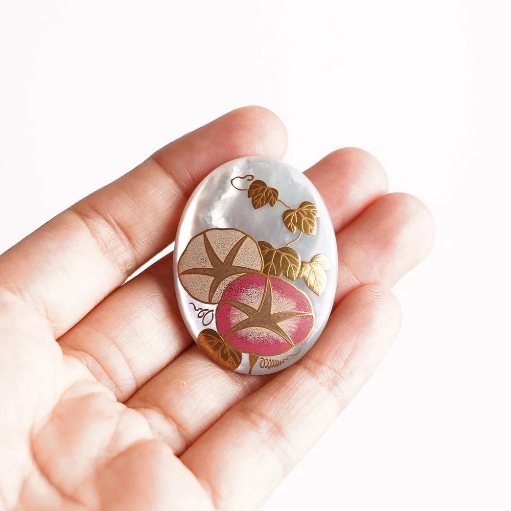 Exquisite Maki-e Urushi Lacquer Brooch with White South Sea Pearl Shell - Handcrafted Japanese Morning Glory Floral Jewelry in Pink | Traditional Artisan Accessory for Weddings, Tea Ceremonies & Special Occasions