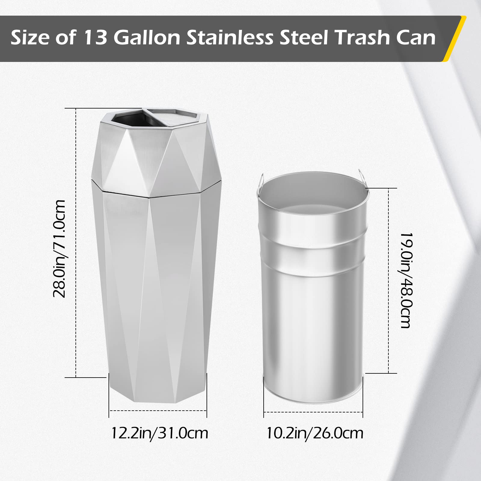 Dyna-Living Stainless Steel Commercial Trash Can with Lid - Heavy Duty Outdoor/Indoor Garbage Bin for Restaurant, Office, Kitchen, Park - Large Capacity Open Top Industrial Waste Container (Silver)