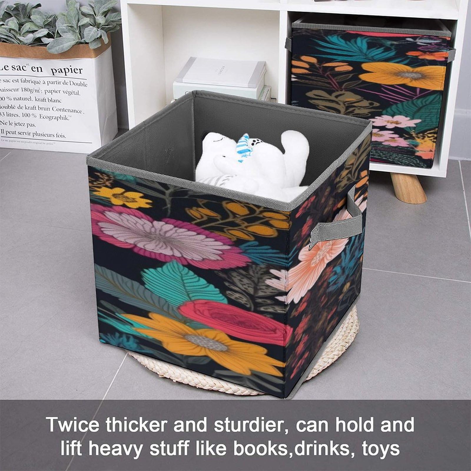 Collapsible Storage Cubes 10.6×10.6 Inches - Foldable Fabric Bins with Handles, Boho Floral Printed Organizer Baskets for Home, Office & Closet Organization | Perfect for Toys, Books & Laundry Storage