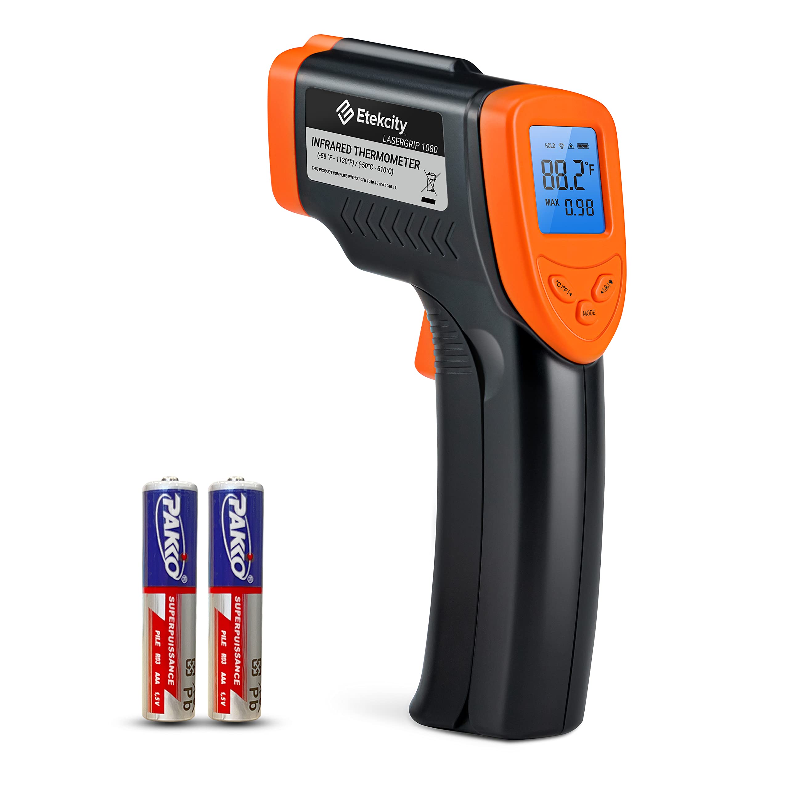 Etekcity Digital Infrared Thermometer Gun -58°F to 1130°F, Non-Contact Laser Temperature Gun for Cooking, HVAC, Automotive & Industrial Use, Fast & Accurate IR Temp Gun for Grilling Meat, Pizza Oven, Engine, Home & Kitchen Appliances (Orange) - Perfect for BBQ, Baking, HVAC Maintenance & DIY Projects