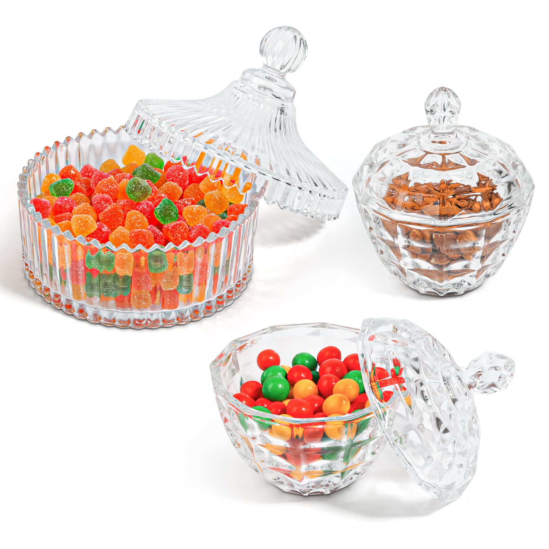 ComSaf 3-Piece Glass Candy Dish Set with Lid - Decorative Crystal Candy Jar for Home, Office, Desk | Perfect for Parties, Weddings & Gift Giving