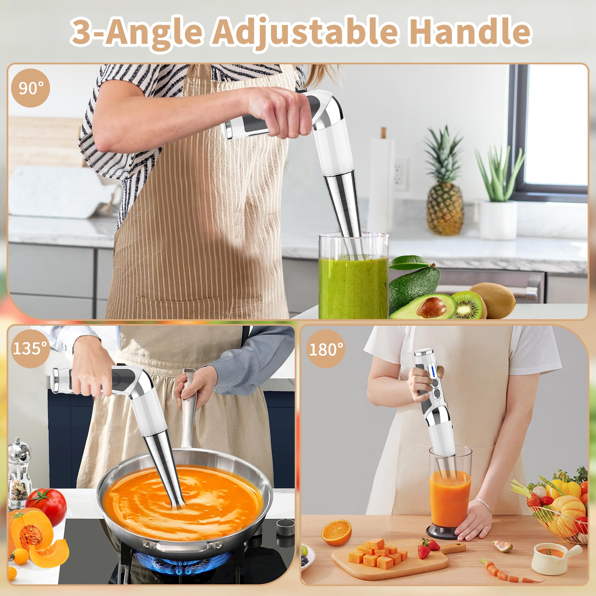 Powerful 21-Speed Cordless Immersion Blender - Rechargeable Handheld Blender with 3-Angle Adjustable Stainless Steel Blades for Smoothies, Soup, Baby Food & Puree - Perfect for Kitchen, Camping & Small Spaces (White)