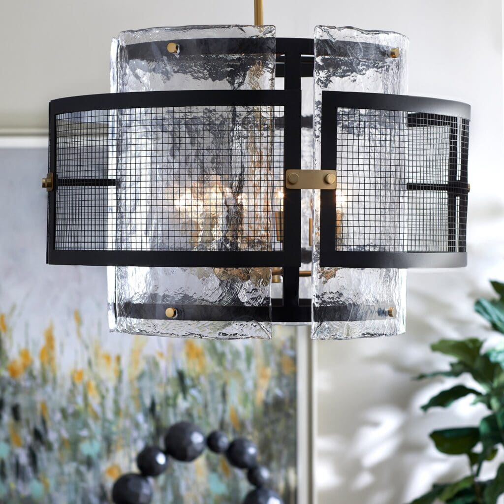 Cyan Design 11118 Panorama Chandelier - Noir & Aged Brass Finish - Medium Size Modern Ceiling Light Fixture for Dining Room, Living Room or Bedroom Lighting