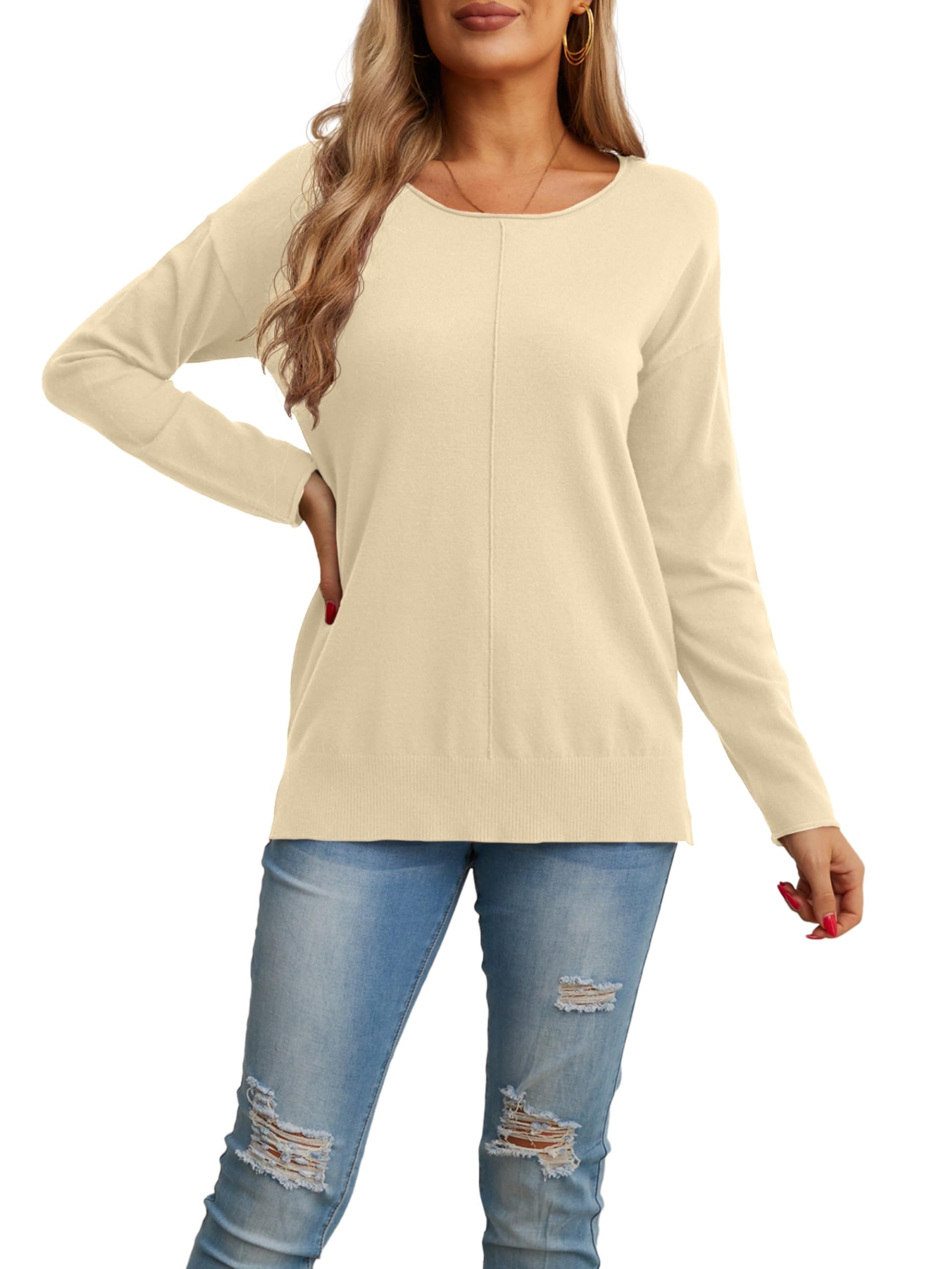 GRECERELLE Women's Lightweight Knit Pullover - Soft Long Sleeve Crewneck Sweater for Casual Wear
