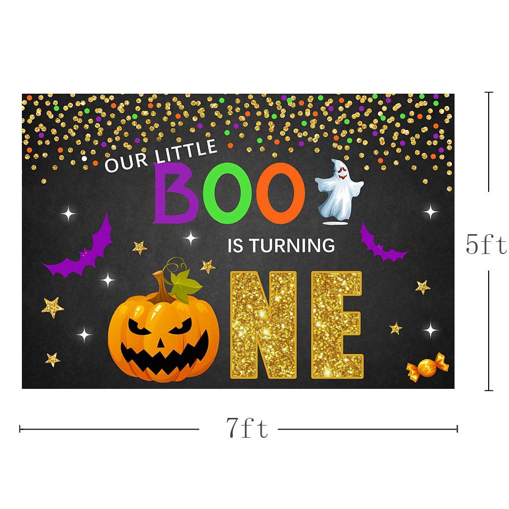Happy 1st Birthday Halloween Thanksgiving Party Backdrop - 7x5ft Black Gold Purple Pumpkin Dots Photo Background Banner with Confetti for Cake Table Decorations | Perfect for Baby's First Birthday, Halloween Celebrations & Thanksgiving Party Decor