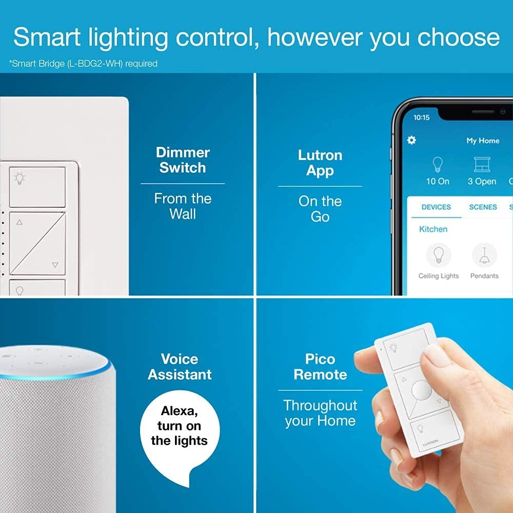 Lutron Caséta Wireless Smart Dimmer Switch for Wall & Ceiling Lights - White (PDW-6WCL-WH-A) with Wall Plate & Pico Remote | Smart Home Lighting Control for Bedroom, Living Room & Office