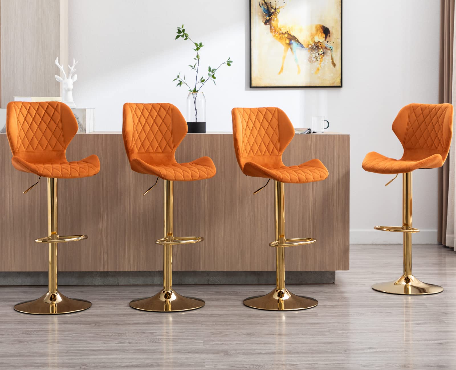 EALSON Set of 4 Velvet Swivel Bar Stools with Backrest & Gold Base - Adjustable Counter Height Kitchen Island Stools for Home Bar, Dining Room & Breakfast Nook - Modern Orange Bar Chairs for Entertaining & Casual Dining